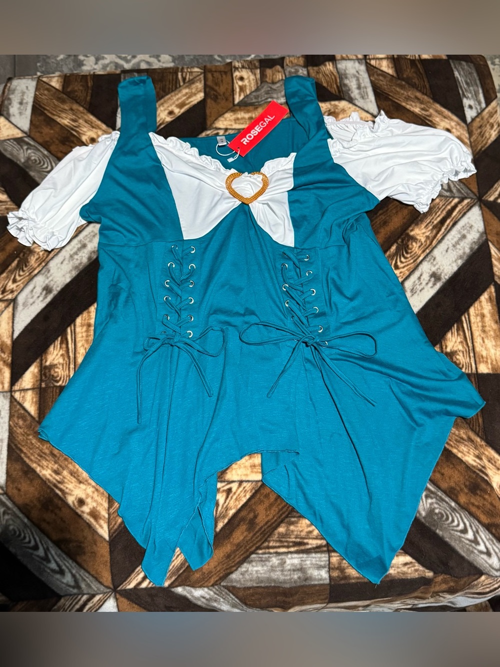 Rosegal Teal and White Peasant Lace-Up Tunic with Heart Detail
